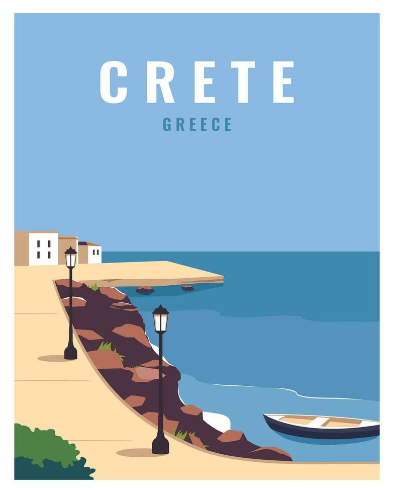 Voyage affiche de Chania baie à ensoleillé été jour, Crète Grèce. vecteur illustration paysage avec coloré style.