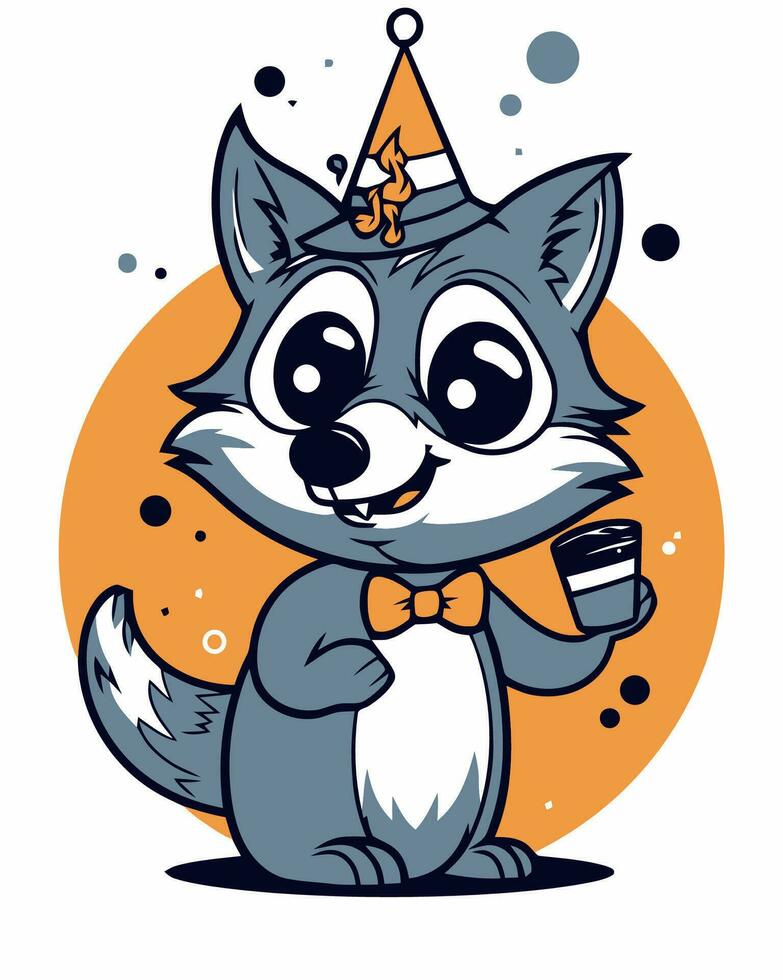 une dessin animé Renard portant une fête chapeau et en portant une tasse vecteur