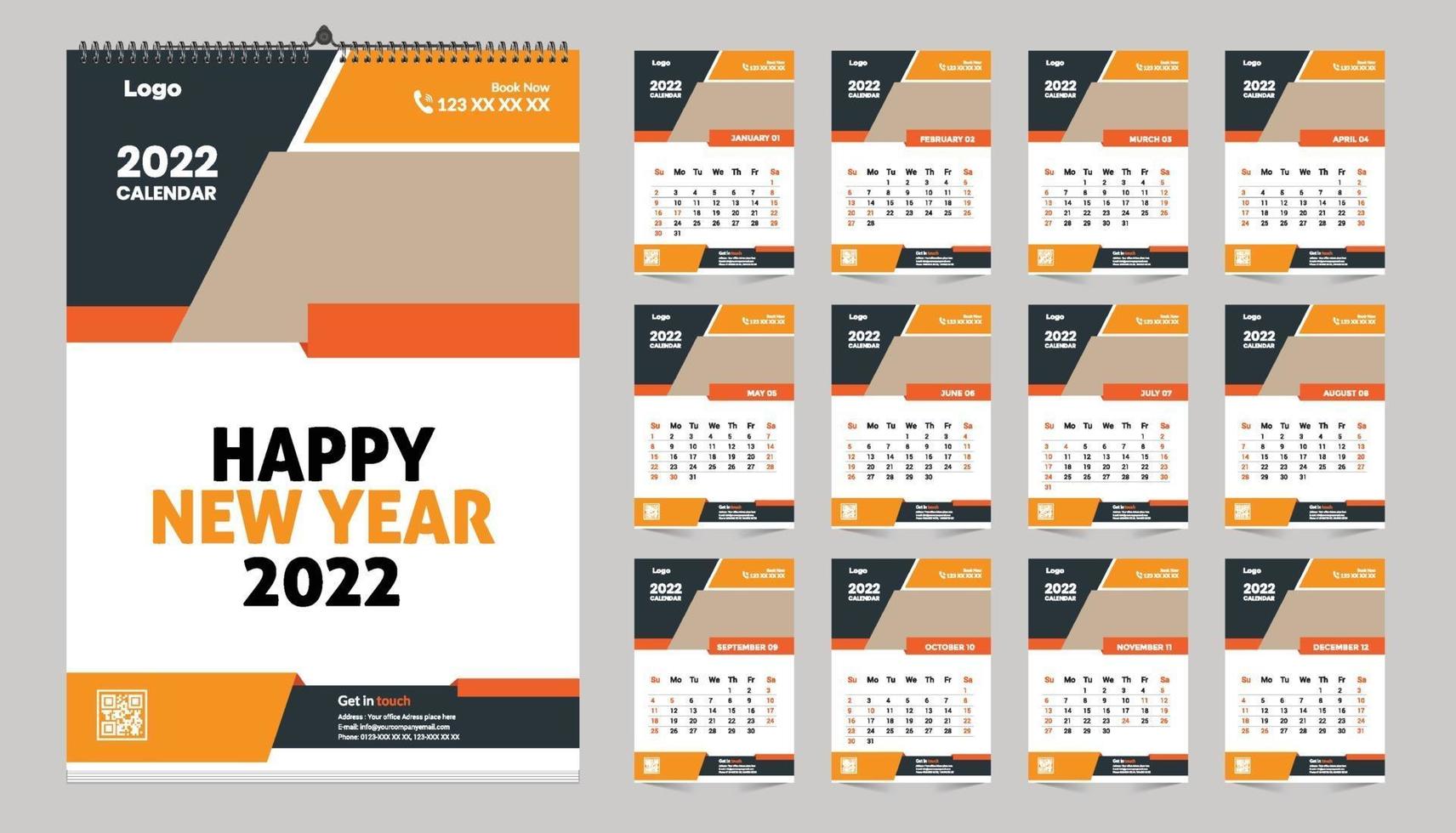 calendrier annuel futuriste vertical 2022, la semaine commence le dimanche. grand  calendrier mural annuel illustration polygonale moderne colorée en orange.  format de papier lettre a4 us. 17780380 Art vectoriel chez Vecteezy