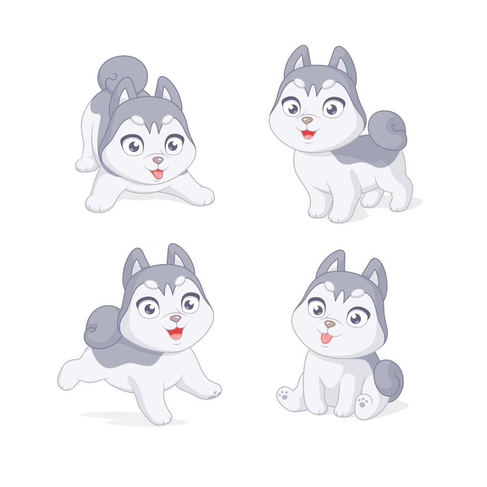 ensemble de chiot husky ludique mignon d'illustrations vectorielles de dessin animé vecteur