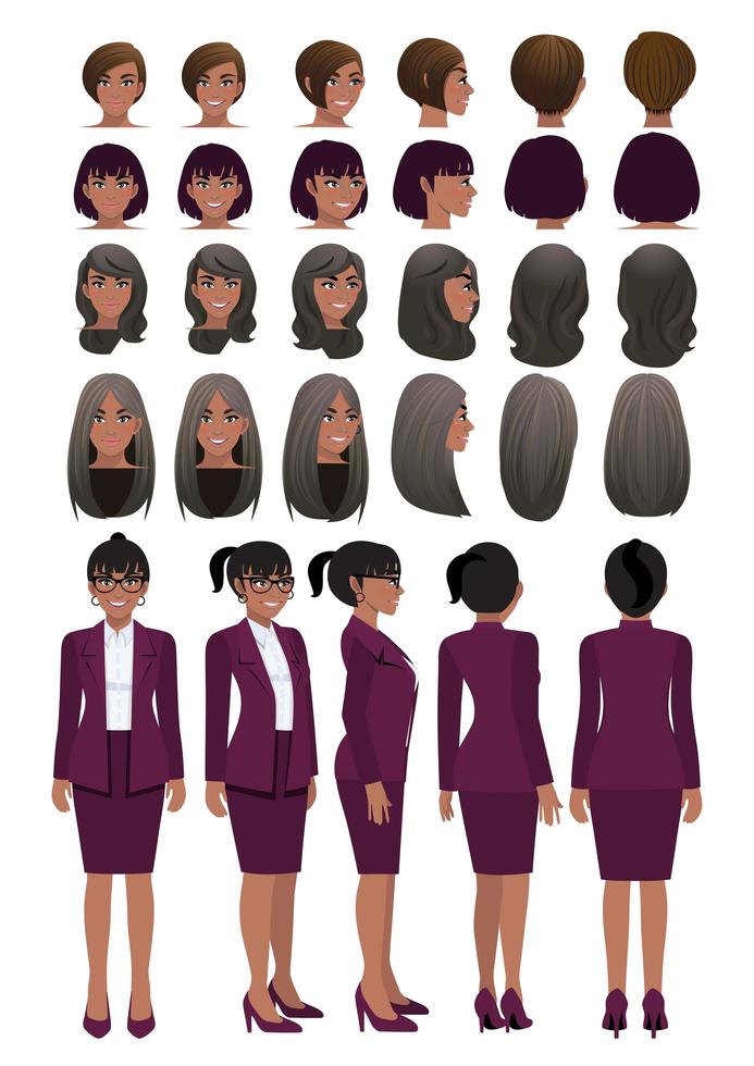 personnage de dessin animé de femme d'affaires afro-américaine en costume de couleur violet raisin et coiffure différente pour la collection de vecteurs de conception d'animation vecteur