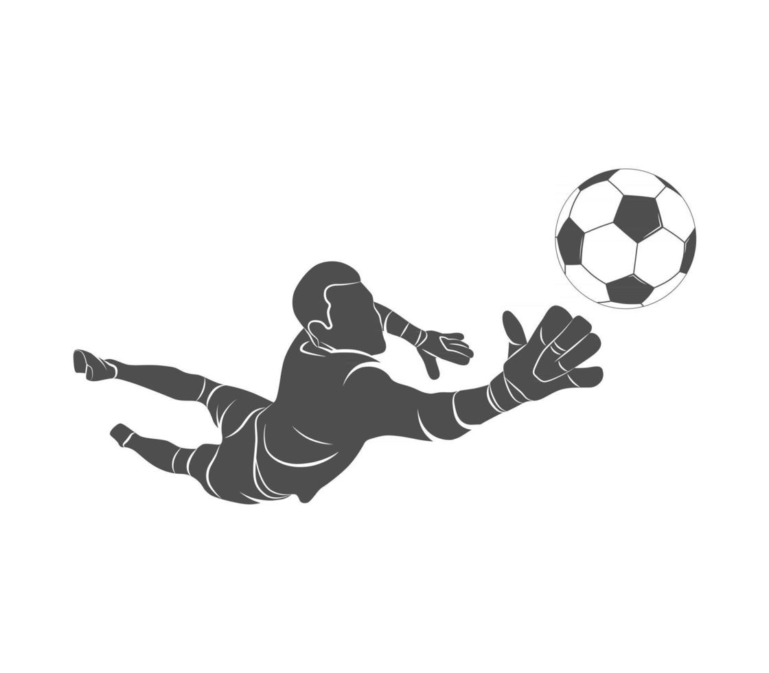 le gardien de but de football de silhouette saute pour le football de boule sur un fond blanc. illustration vectorielle. vecteur