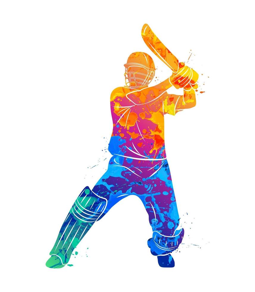 batteur abstrait jouant au cricket à partir d'éclaboussures d'aquarelles. illustration vectorielle de peintures. vecteur