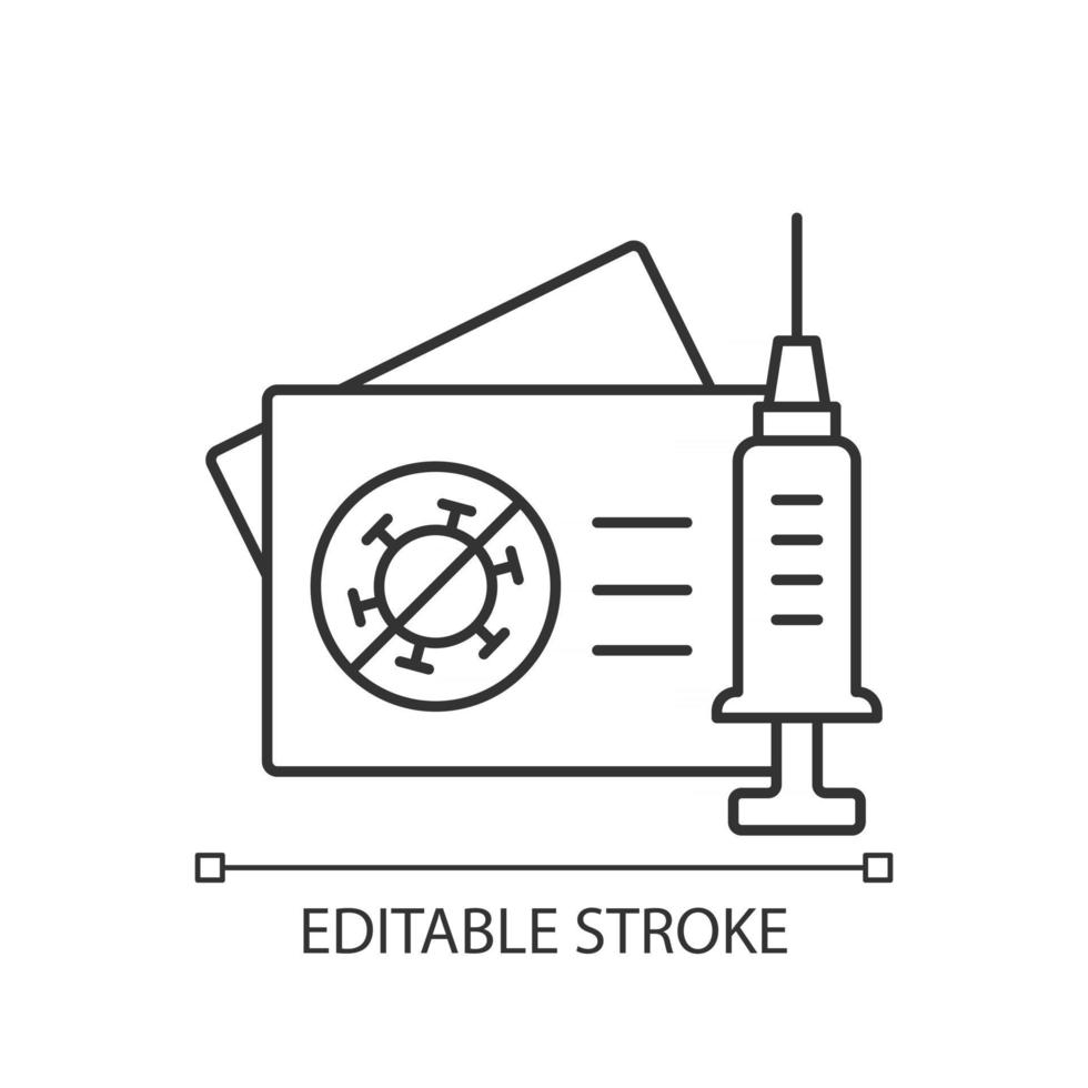 icône linéaire de carte de vaccination. certificat de vaccination covid. pass pour touriste vacciné. illustration personnalisable de fine ligne. symbole de contour. dessin de contour isolé de vecteur. trait modifiable vecteur