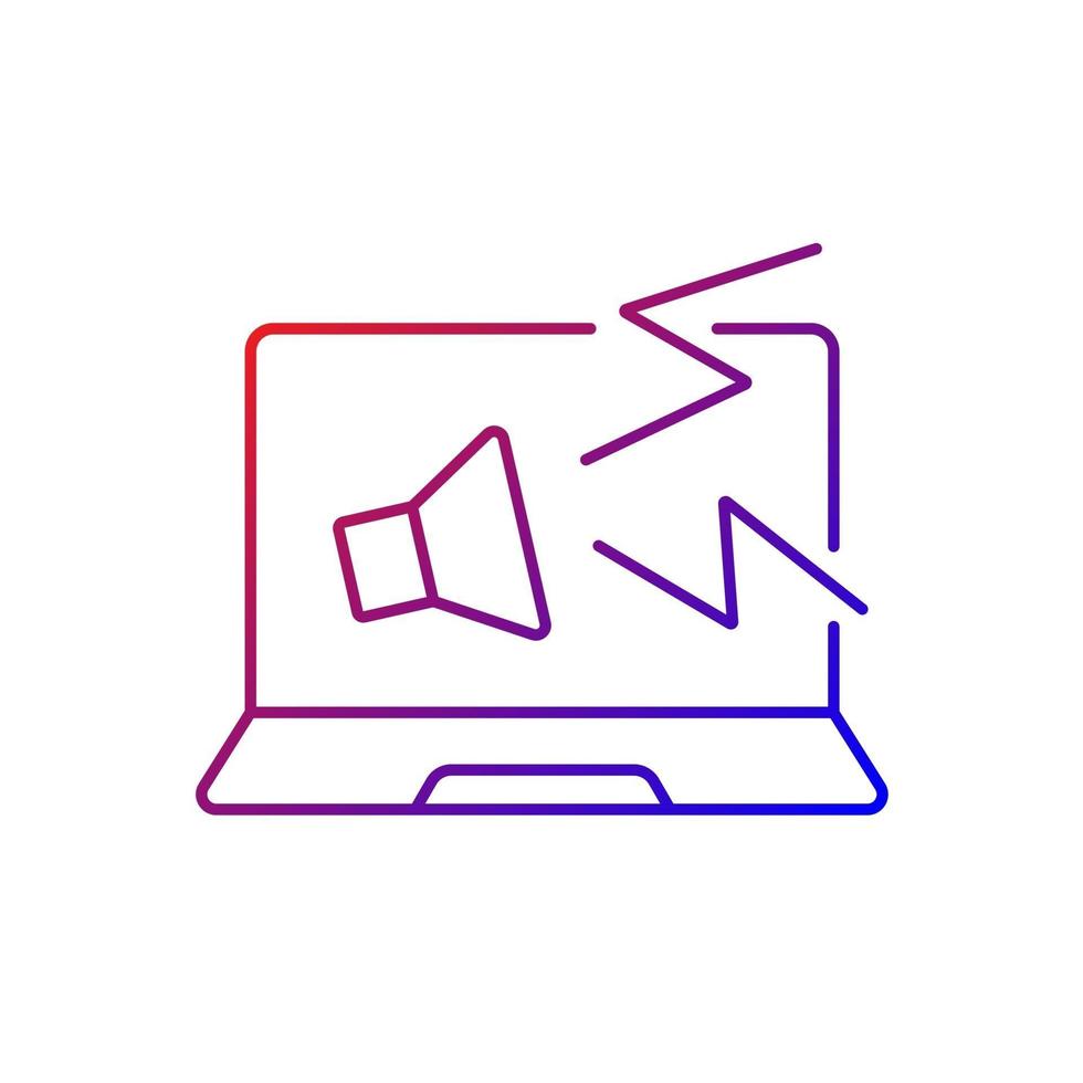 l'ordinateur fait des bruits étranges icône de vecteur linéaire dégradé. son fort de l'ordinateur portable. symptôme de problème de système. symboles de couleur de ligne mince. pictogramme de style moderne. dessin de contour isolé de vecteur