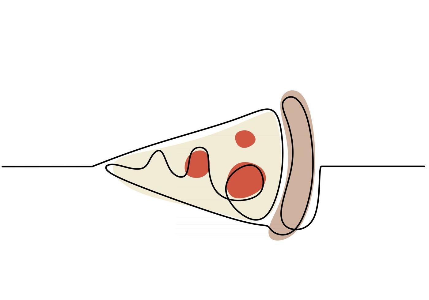 une seule ligne continue de morceau de pizza. morceau de pizza fast food dans un style de ligne isolé sur fond blanc. vecteur