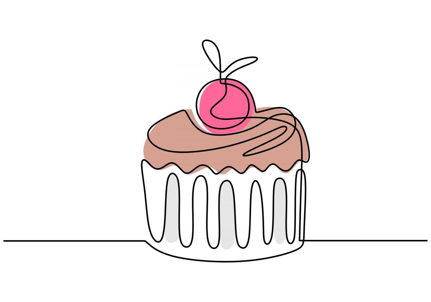 une seule ligne continue de cupcake à la cerise rose. cupcake avec restauration rapide cerise rose dans un style de ligne isolé sur fond blanc. vecteur