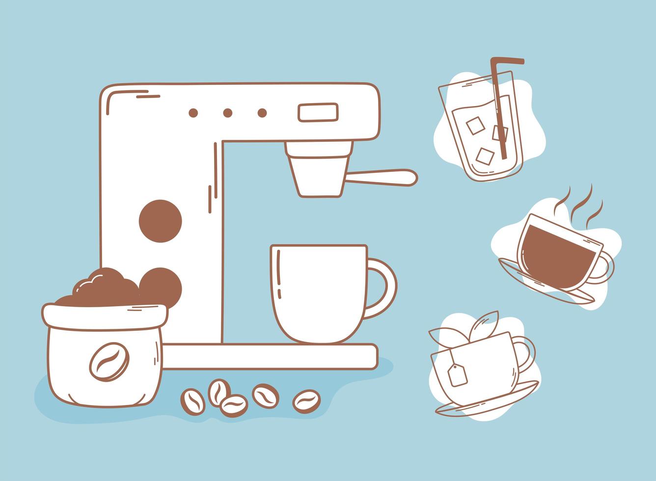café machine à expresso grains thé et tasse ligne et remplissage vecteur