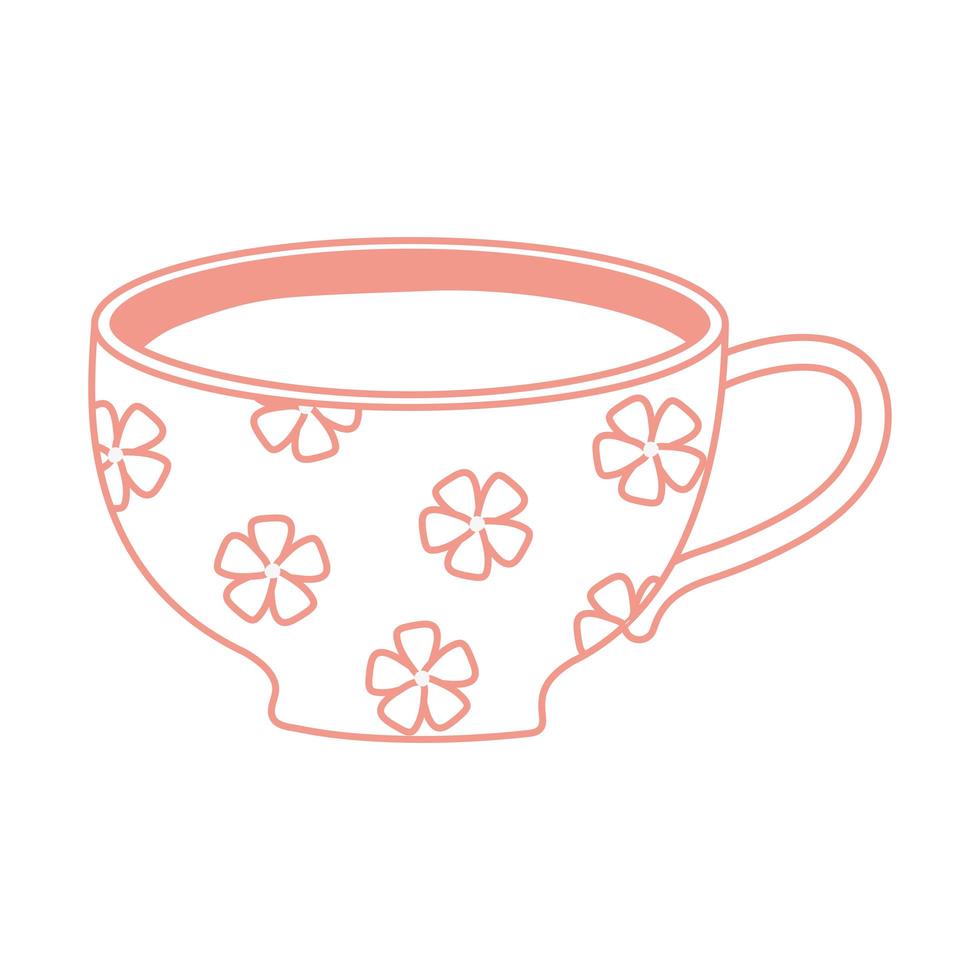 tasse à thé et à café avec style de ligne d'icône de fleurs mignonnes vecteur