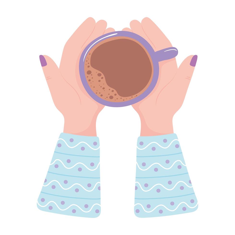 vue de dessus des mains féminines avec une tasse de café, boisson chaude fraîche vecteur