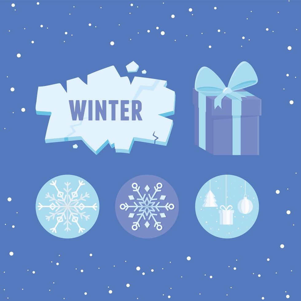 icônes de décoration de flocons de neige de boîte de cadeau de glace de saison de vente d'hiver vecteur