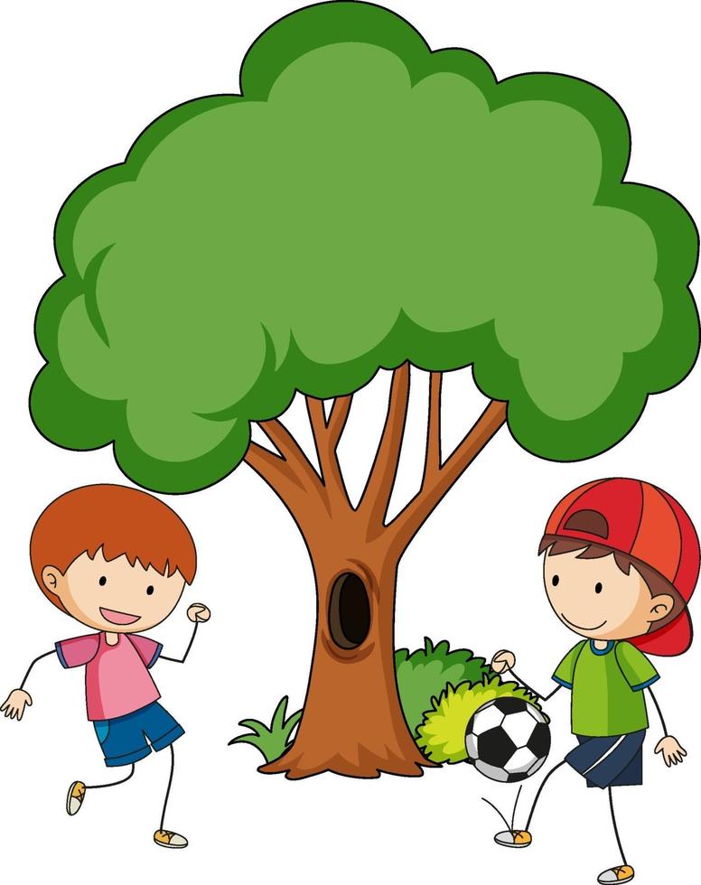 deux enfants jouant au football avec un grand arbre isolé vecteur