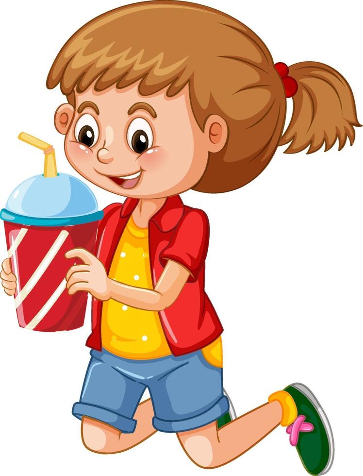 personnage de dessin animé fille heureuse tenant une tasse en plastique de boisson vecteur