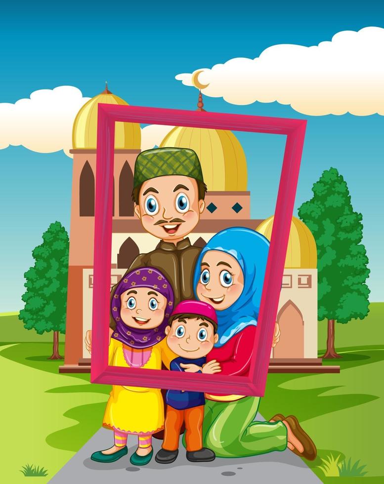famille heureuse tenant un cadre photo avec une mosquée en arrière-plan vecteur