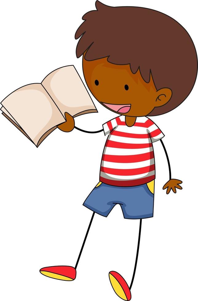 Un enfant de doodle lisant un personnage de dessin animé de livre isolé vecteur