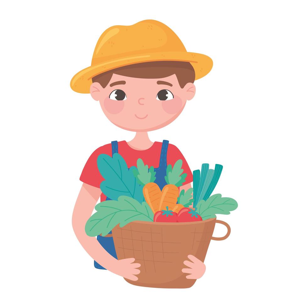 agriculteur tenant un panier avec des légumes petite entreprise, magasiner local vecteur