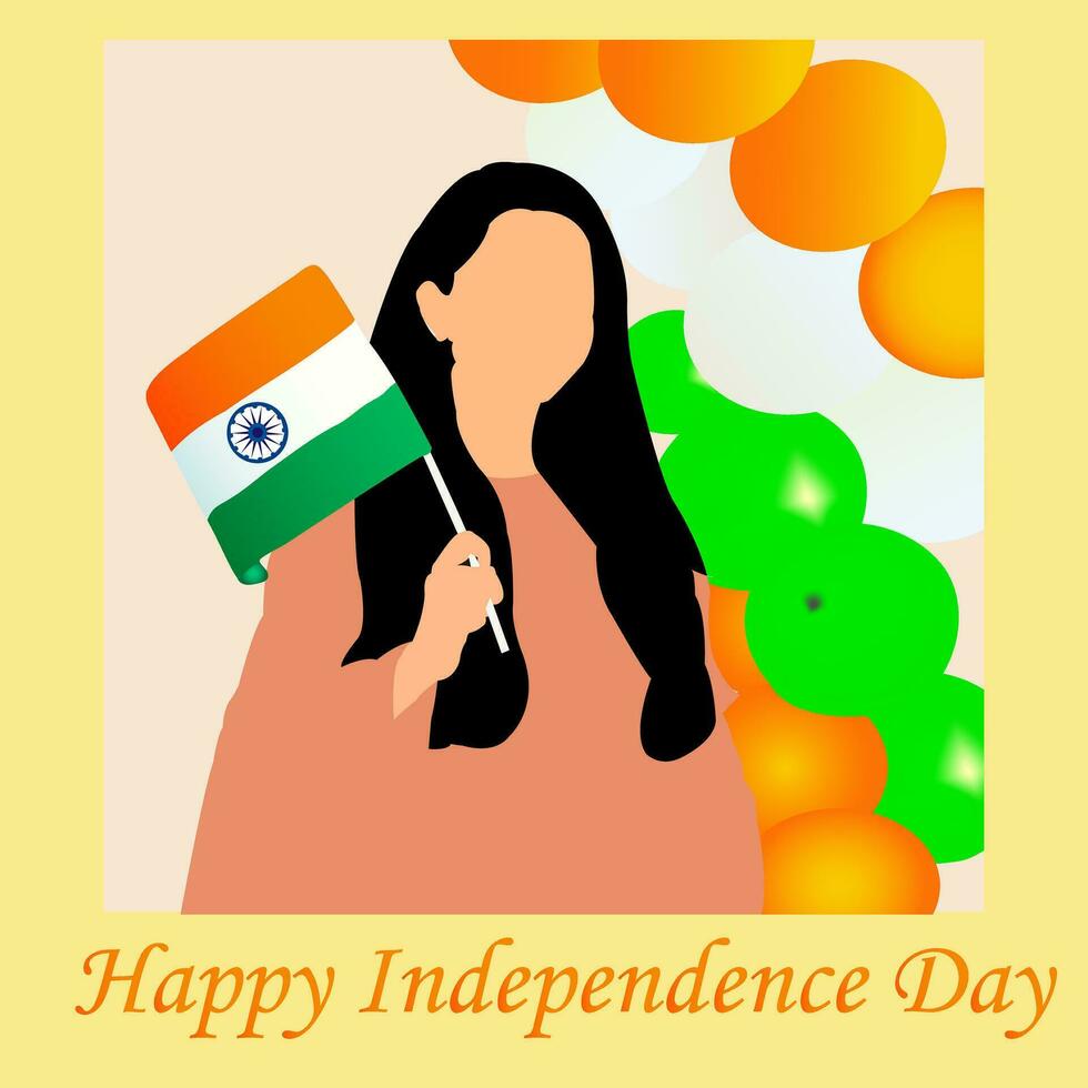 Indien fille agitant drapeau sa mains avec Indien drapeau des ballons. 15 août content indépendance journée fête concept. affiche, bannière conception.vecteur illustration conception. vecteur
