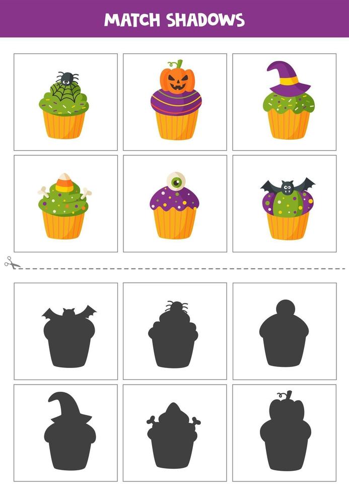 trouvez des ombres de mignons muffins sauvages d'Halloween. cartes pour les enfants. vecteur