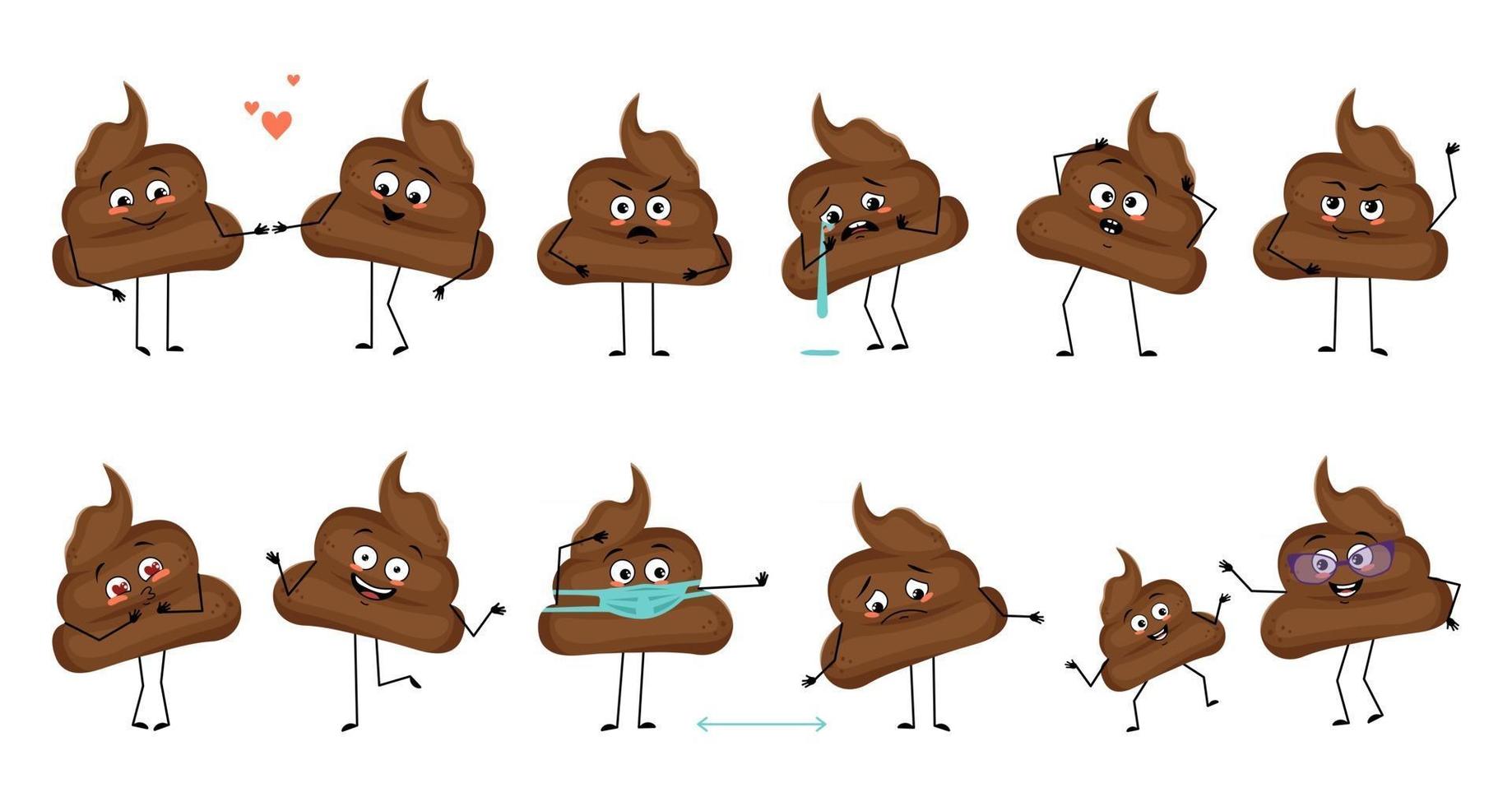 ensemble de personnages de merde mignons avec émotions, visage, mains et pieds. étron souriant ou triste, les héros amoureux gardent leurs distances, dansent ou pleurent vecteur