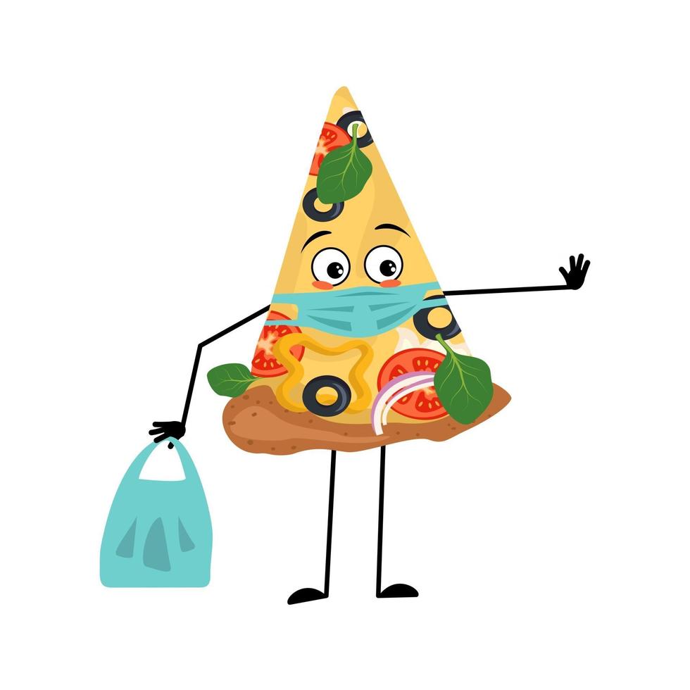 personnage de pizza mignon avec émotions, visage et masque à distance, mains avec sac à provisions et geste d'arrêt. un triste héros de la nourriture vecteur