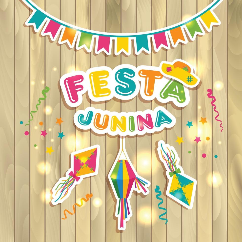 logotype festa junina avec des drapeaux sur la texture du bois vecteur