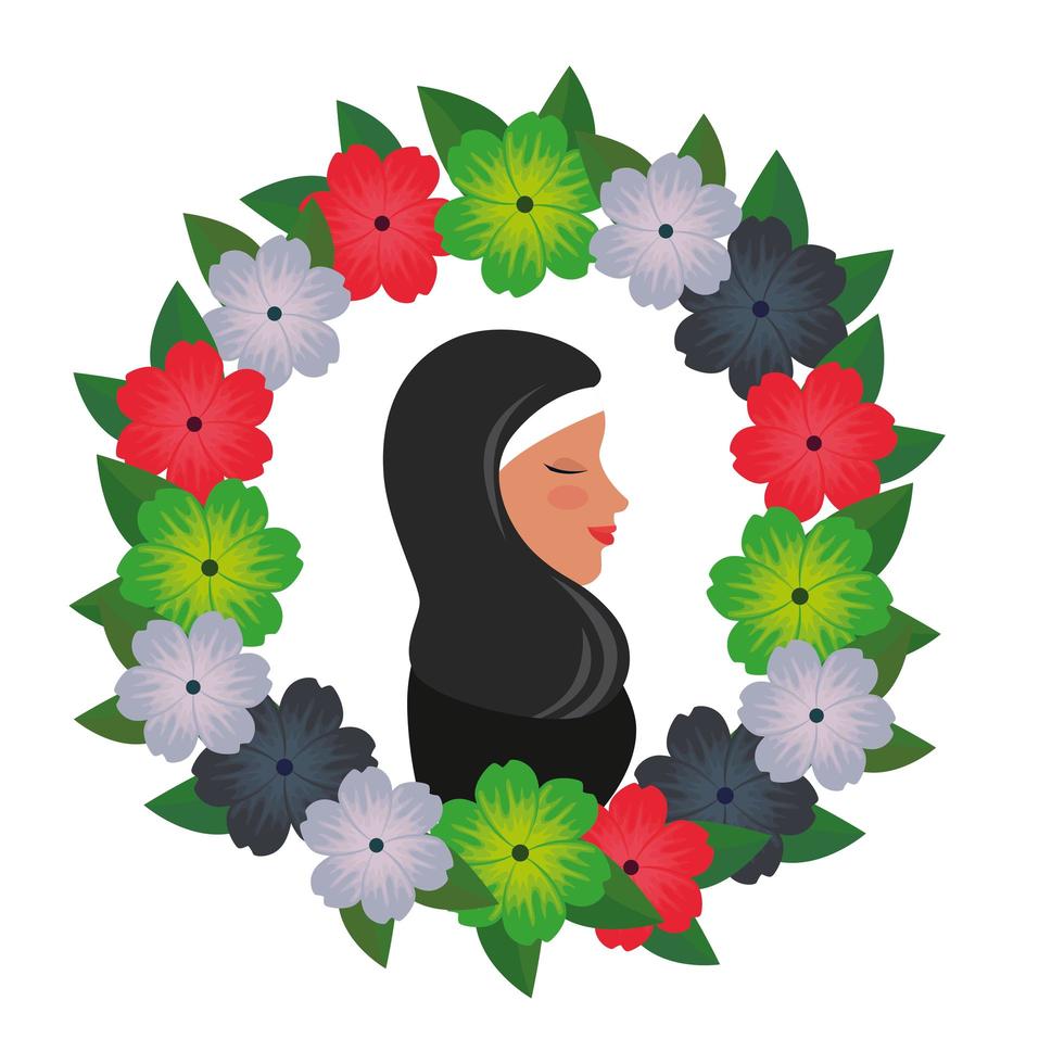 profil de femme islamique avec burqa traditionnelle en couronne de fleurs vecteur