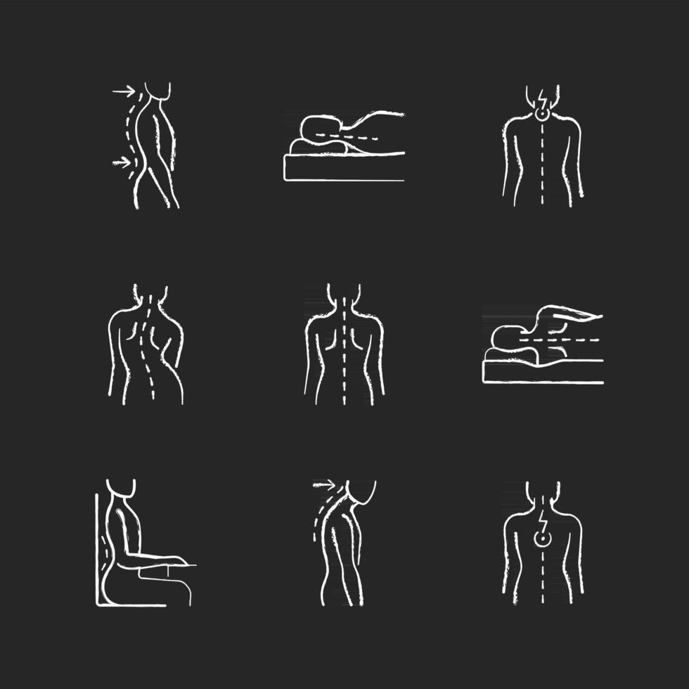 problèmes de dos et de posture craie icônes blanches sur fond noir. lordose lombaire. mauvaise position de sommeil. la douleur du cou. courbe latérale. illustrations de tableau de vecteur isolé