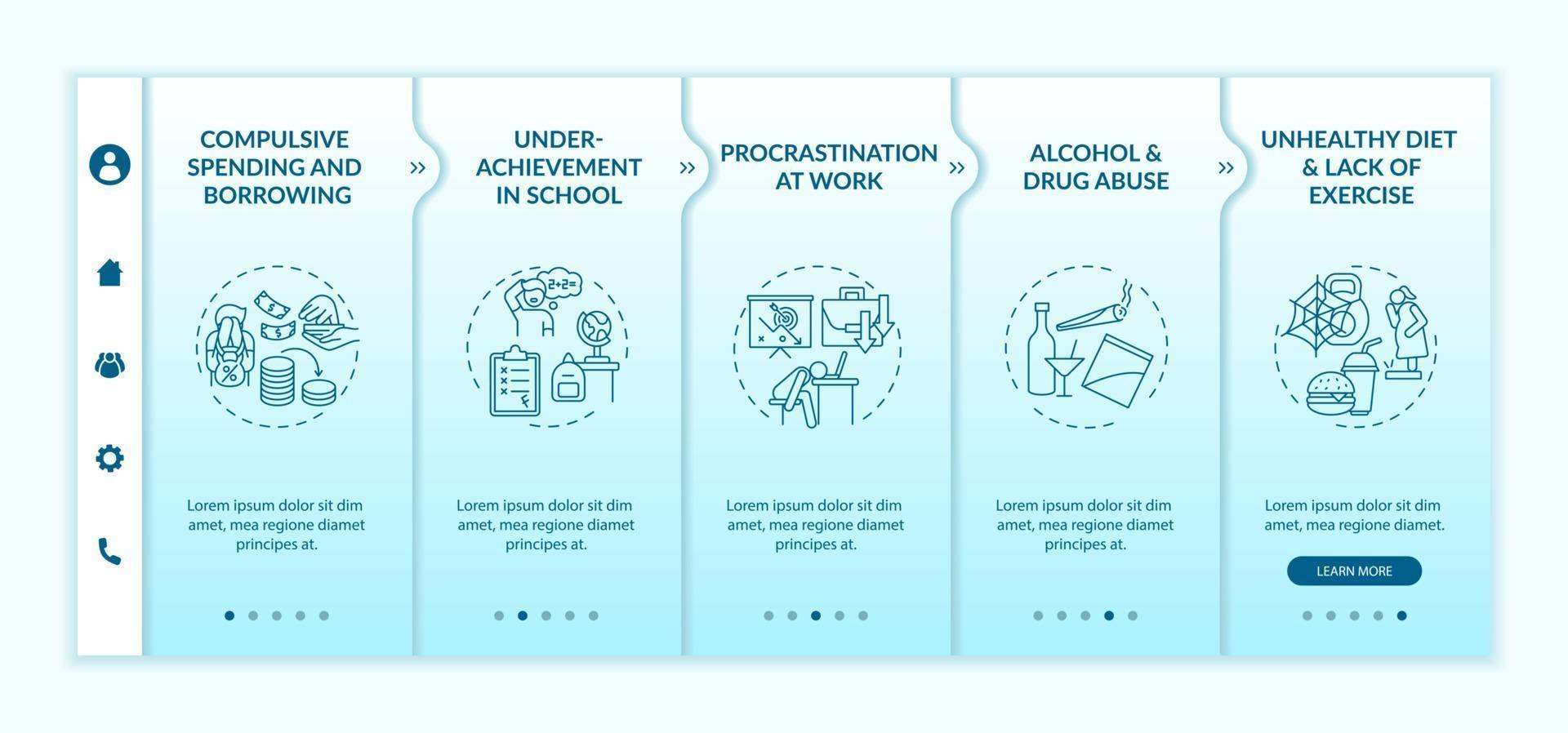 principaux problèmes de maîtrise de soi lors de l'intégration du modèle vectoriel. site Web mobile réactif avec des icônes. page Web pas à pas, écrans en 5 étapes. concept de couleur de problèmes de santé mentale avec des illustrations linéaires vecteur