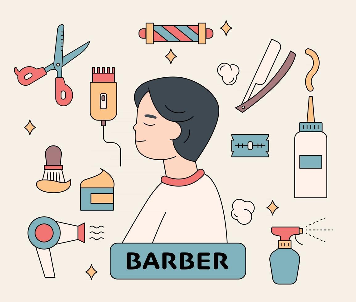 personnages de client de salon de coiffure et fournitures de salon de coiffure. illustration vectorielle minimale de style design plat. vecteur