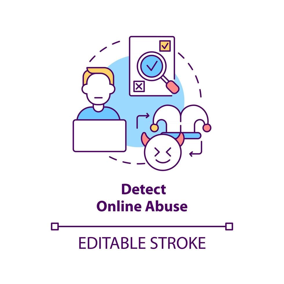 détection de l'icône de concept d'abus en ligne. illustration de fine ligne idée d'étape de prévention de la cyberintimidation. découvrir un comportement abusif en ligne. dessin de couleur rvb contour isolé vectoriel. trait modifiable vecteur