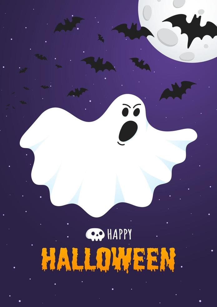 bannière de carte postale de texte halloween heureux avec un visage effrayant fantôme vecteur