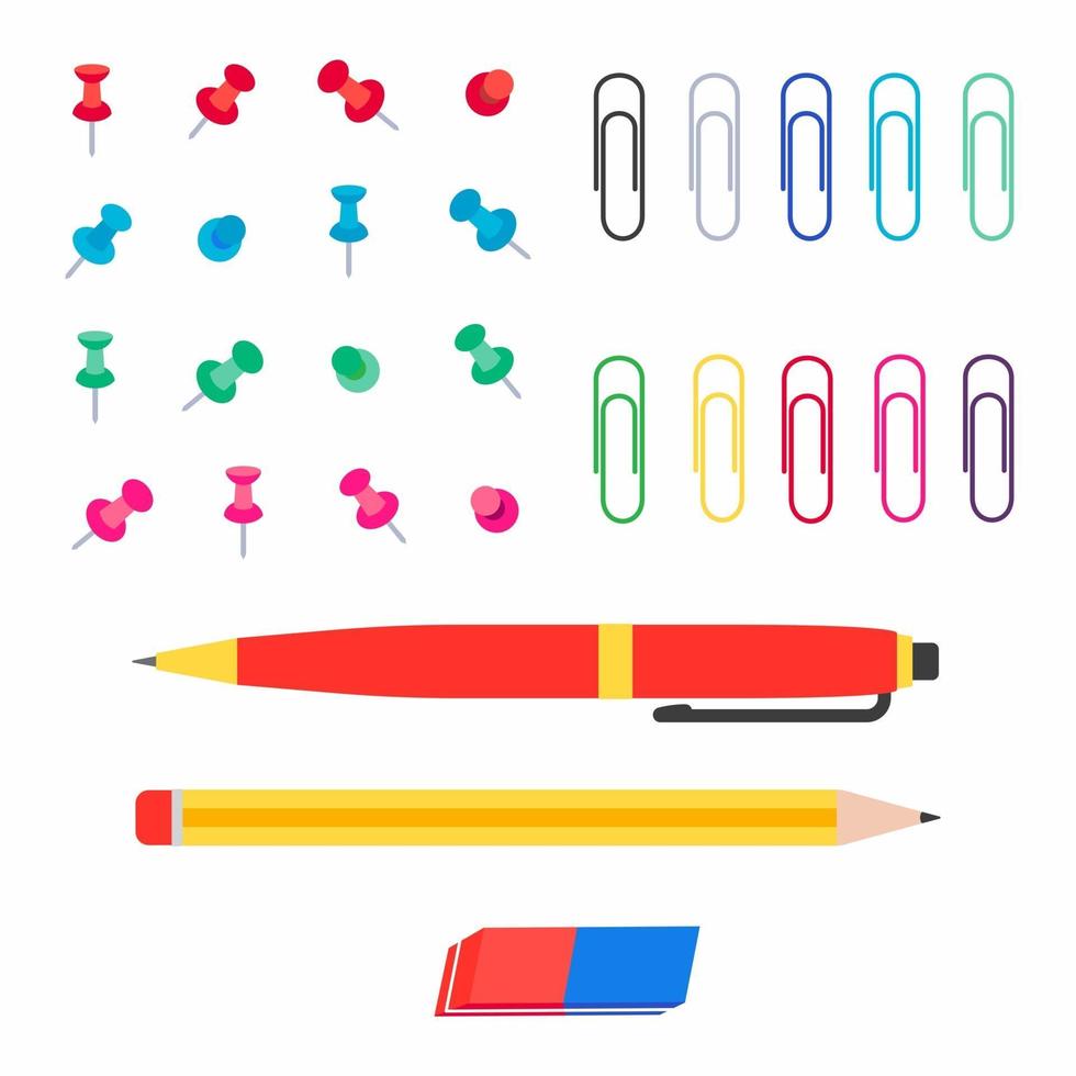 épingles de papier multicolores de bureau, trombones, stylo, crayon et gomme à effacer ensemble d'illustrations vectorielles à plat isolé sur fond blanc. outils pour la paperasse, l'éducation et les fournitures commerciales vecteur