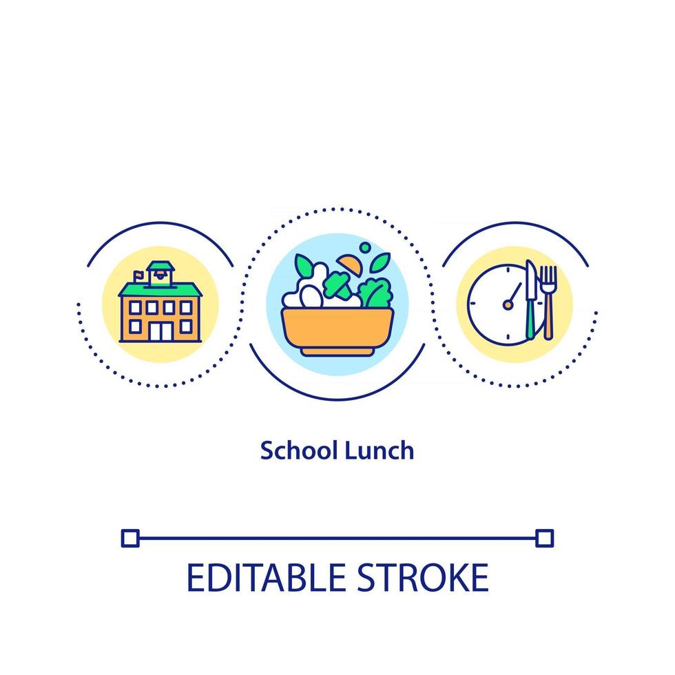 icône de concept de déjeuner scolaire. création d'aliments sains pour les étudiants. cuisiner des repas savoureux et sains idée fine ligne illustration. dessin de couleur rvb contour isolé vectoriel. trait modifiable vecteur