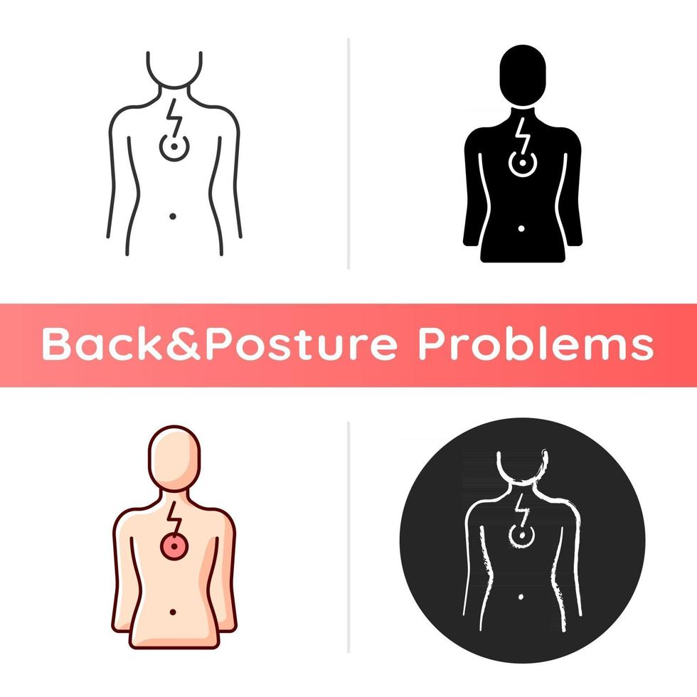 icône de douleur thoracique. affectant les poumons et le cœur. mauvaise posture conséquence. problèmes de respiration. tension musculaire. styles de couleurs linéaires noir et rvb. illustrations vectorielles isolées vecteur