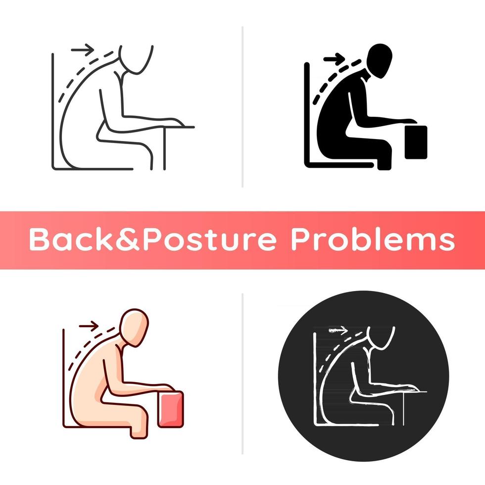 icône de position assise inclinée vers l'avant. épaules arrondies et posture voûtée. position affaissée au bureau. posture non soutenue. styles de couleurs linéaires noir et rvb. illustrations vectorielles isolées vecteur