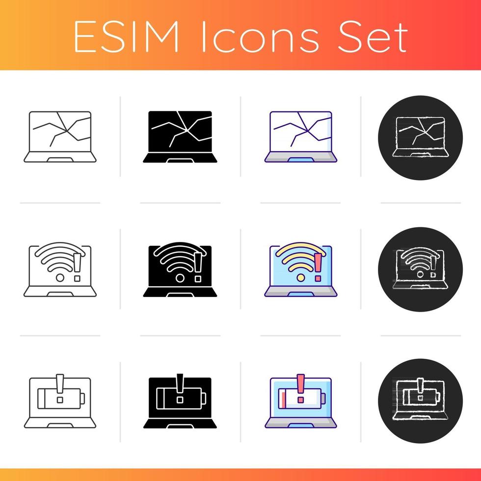 ensemble d'icônes d'ordinateur cassé. moniteur fissuré. écran endommagé. pas de connexion wifi. batterie faible, ne charge pas. service de réparation. styles de couleurs linéaires, noir et rvb. illustrations vectorielles isolées vecteur