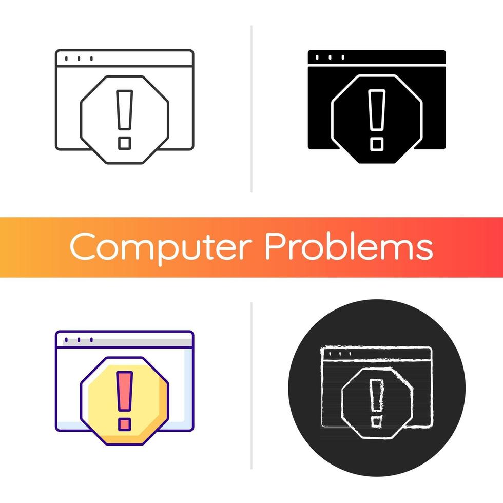 icône d'erreur informatique. défaillance du système, fenêtre de message pour moniteur pc. danger de cybersécurité. diagnostic des problèmes logiciels. styles de couleurs linéaires noir et rvb. illustrations vectorielles isolées vecteur