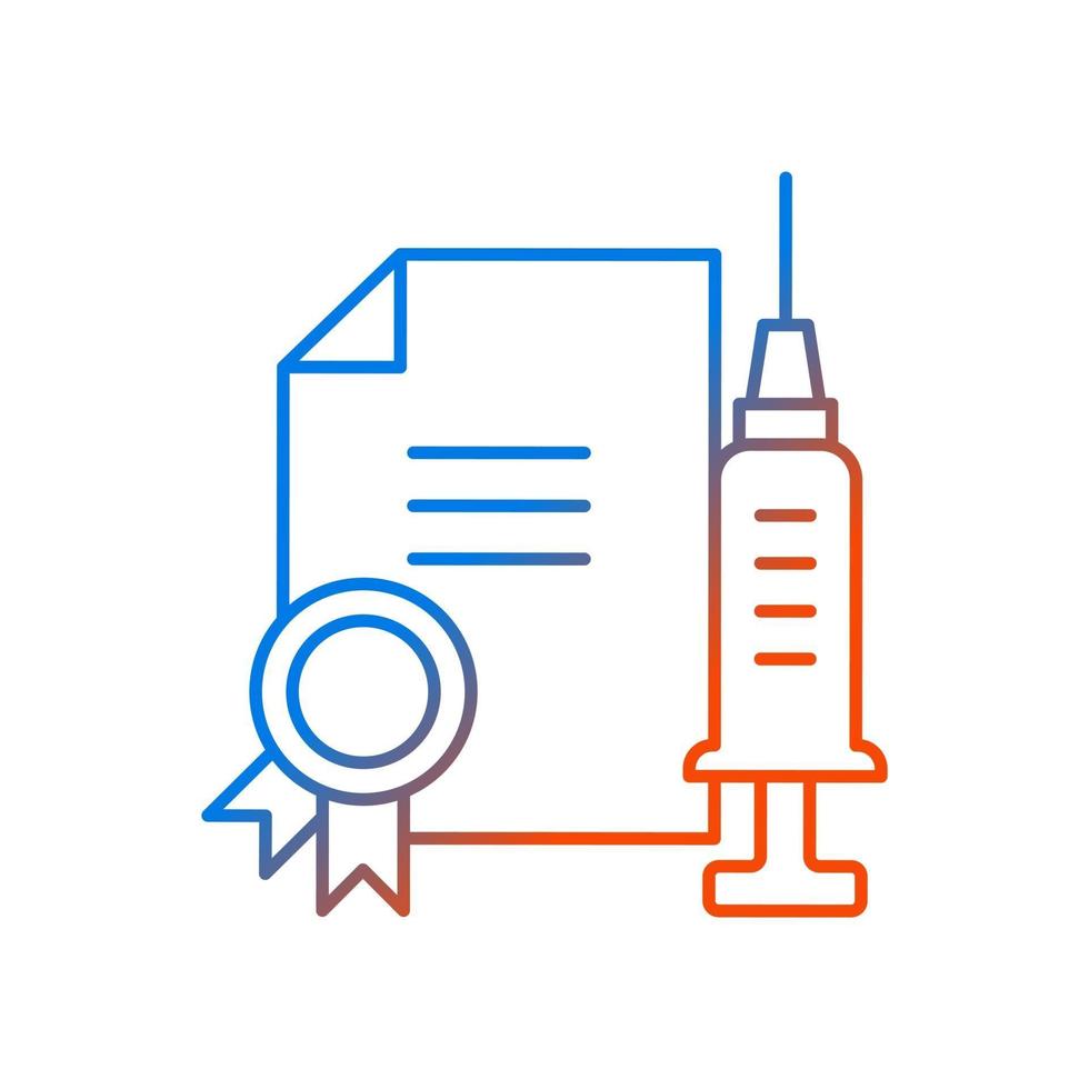 icône de vecteur linéaire de gradient de certificat de qualité de vaccin. permis de vaccination. traitement de la maladie. médicament professionnel. symboles de couleur de ligne mince. pictogramme de style moderne. dessin de contour isolé de vecteur