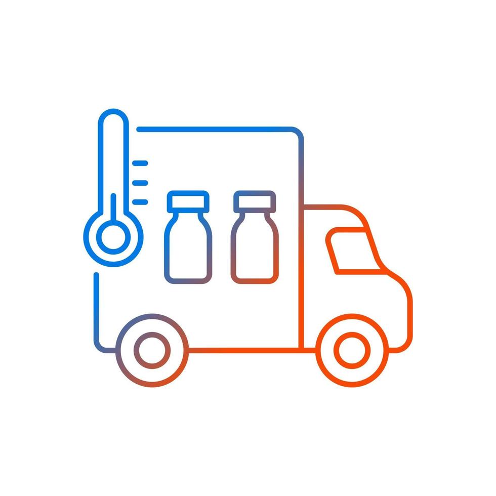 icône de vecteur linéaire de gradient de transport de vaccin. distribution de médicaments. camionnette d'expédition de remèdes pharmaceutiques. soins de santé. symboles de couleur de ligne mince. pictogramme de style moderne. dessin de contour isolé de vecteur