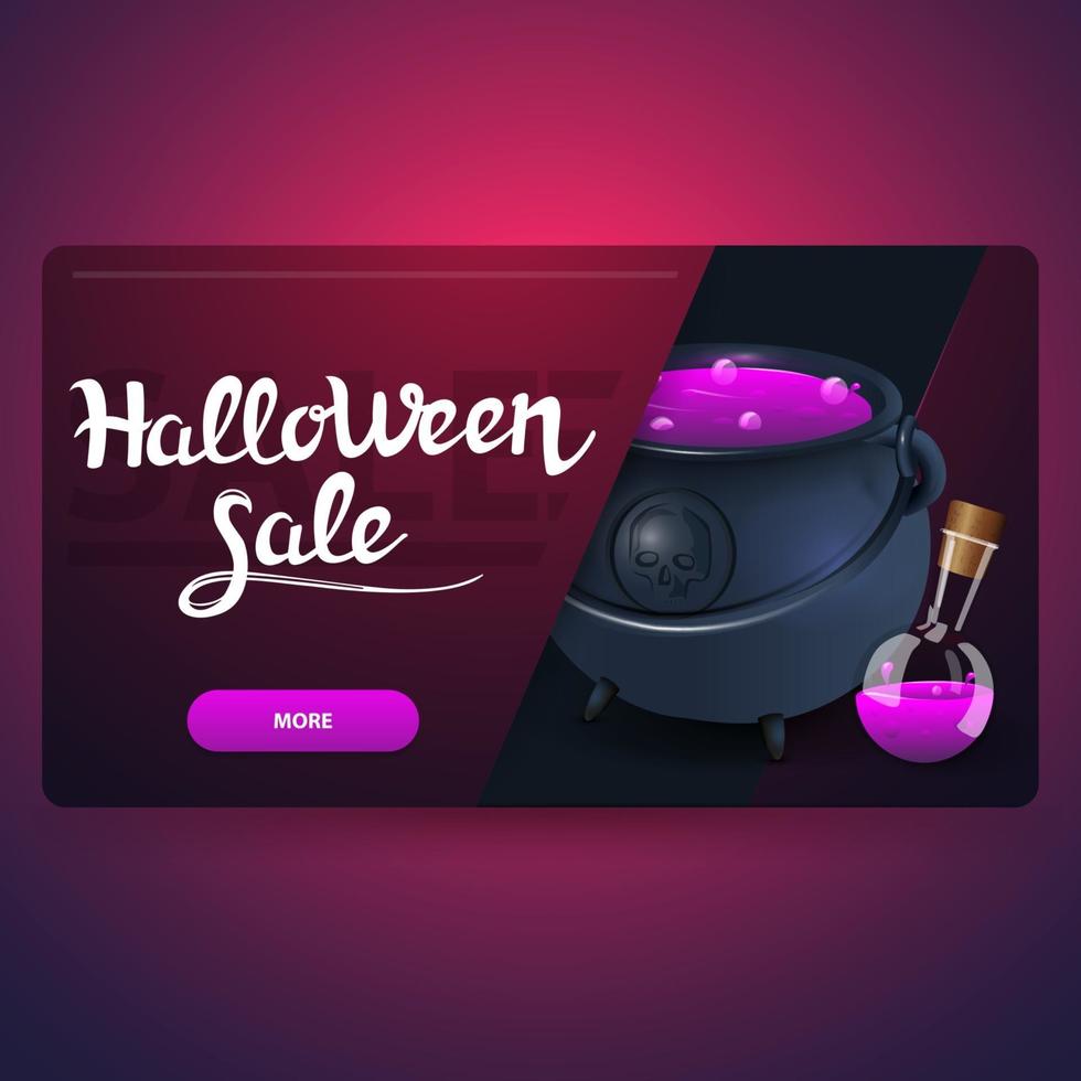 vente d'halloween, bannière de remise rose moderne avec pot de sorcière avec potion vecteur