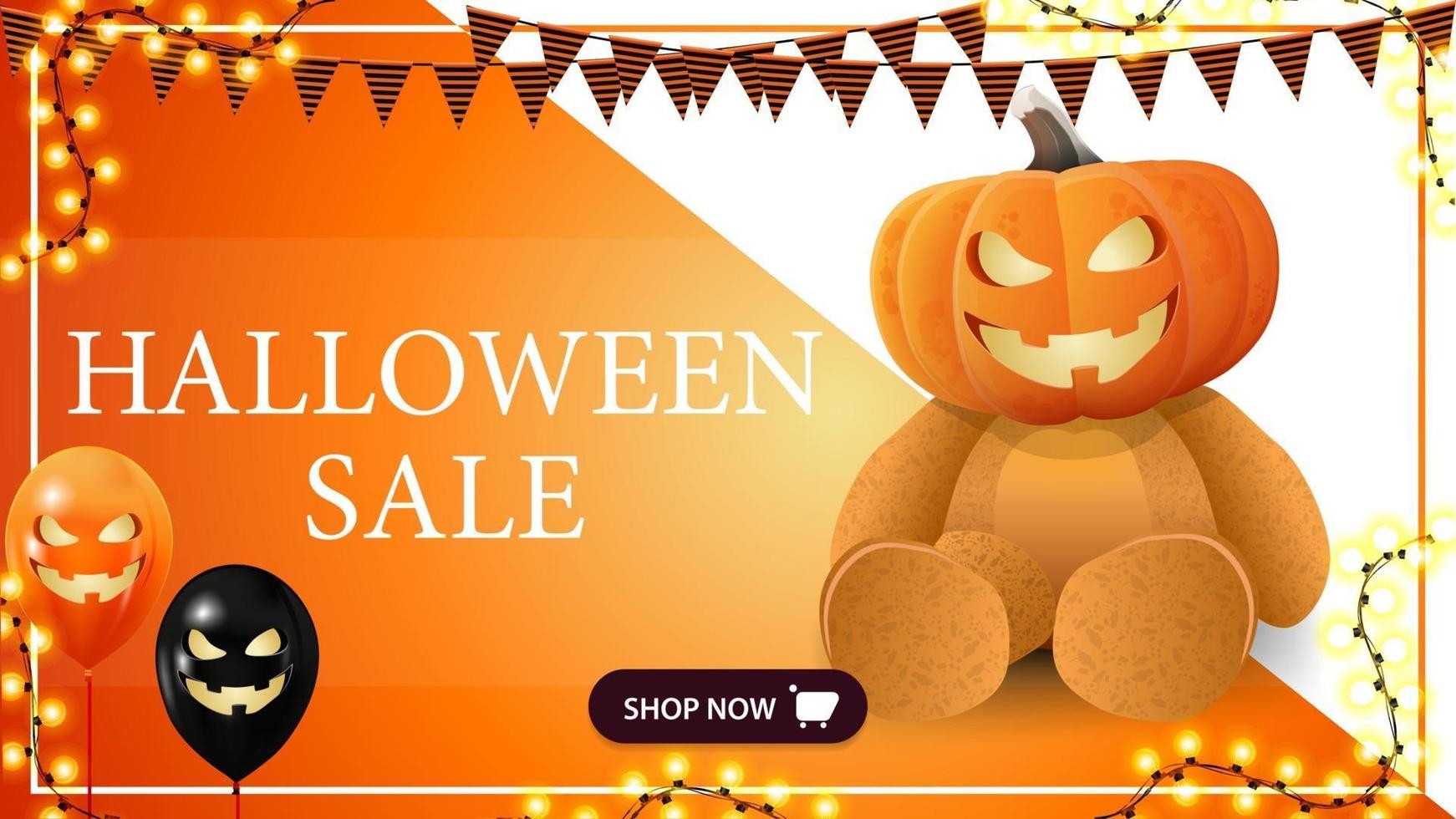 vente d'halloween, modèle orange horizontal avec guirlande, cadre, ours en peluche avec tête de citrouille jack vecteur