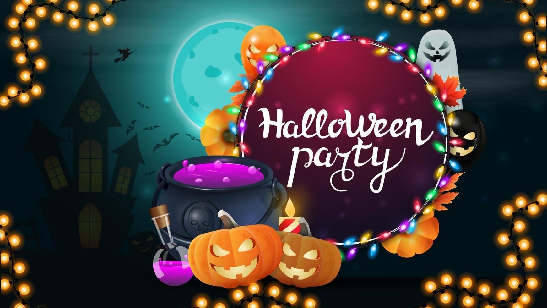 fête d'halloween, bannière d'invitation ronde avec pot de sorcière et jack citrouille vecteur
