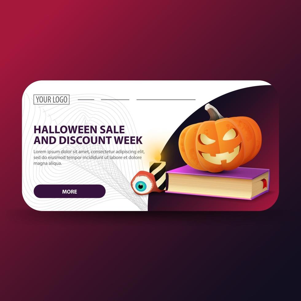 vente d'halloween et semaine de remise, bannière web moderne avec livre de sorts et citrouille jack vecteur