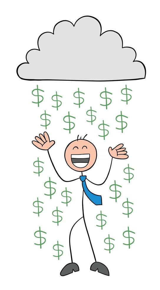 personnage d'homme d'affaires stickman sous le nuage et si heureux avec l'illustration de dessin animé de vecteur de pluie dollar