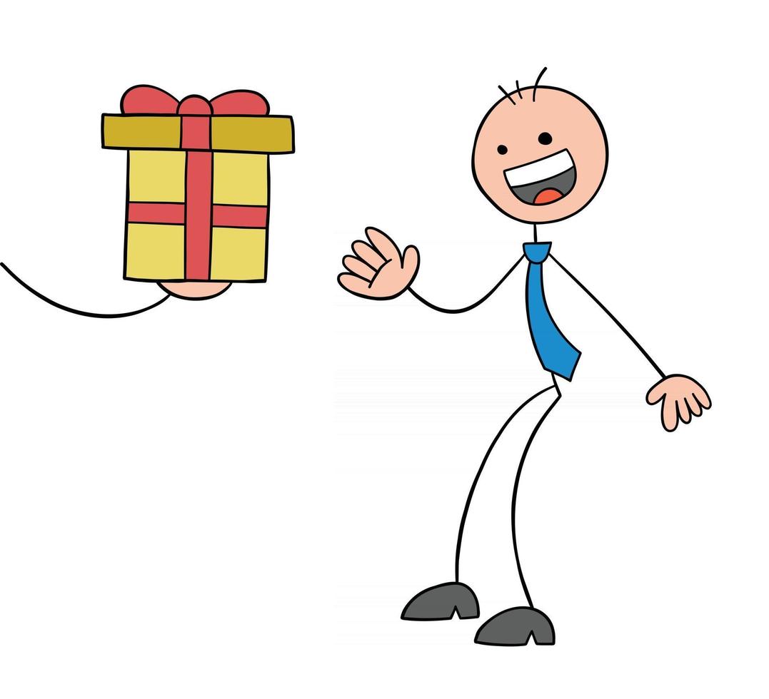 le personnage d'homme d'affaires stickman reçoit un cadeau et est très heureux d'être une illustration de dessin animé de vecteur