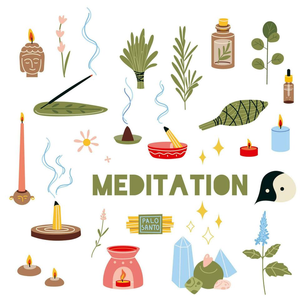 méditation entraine toi ensemble, aromathérapie articles. concept de Zen et harmonie, se détendre, des loisirs, en bonne santé mode de vie. vecteur illustration dans plat dessin animé style