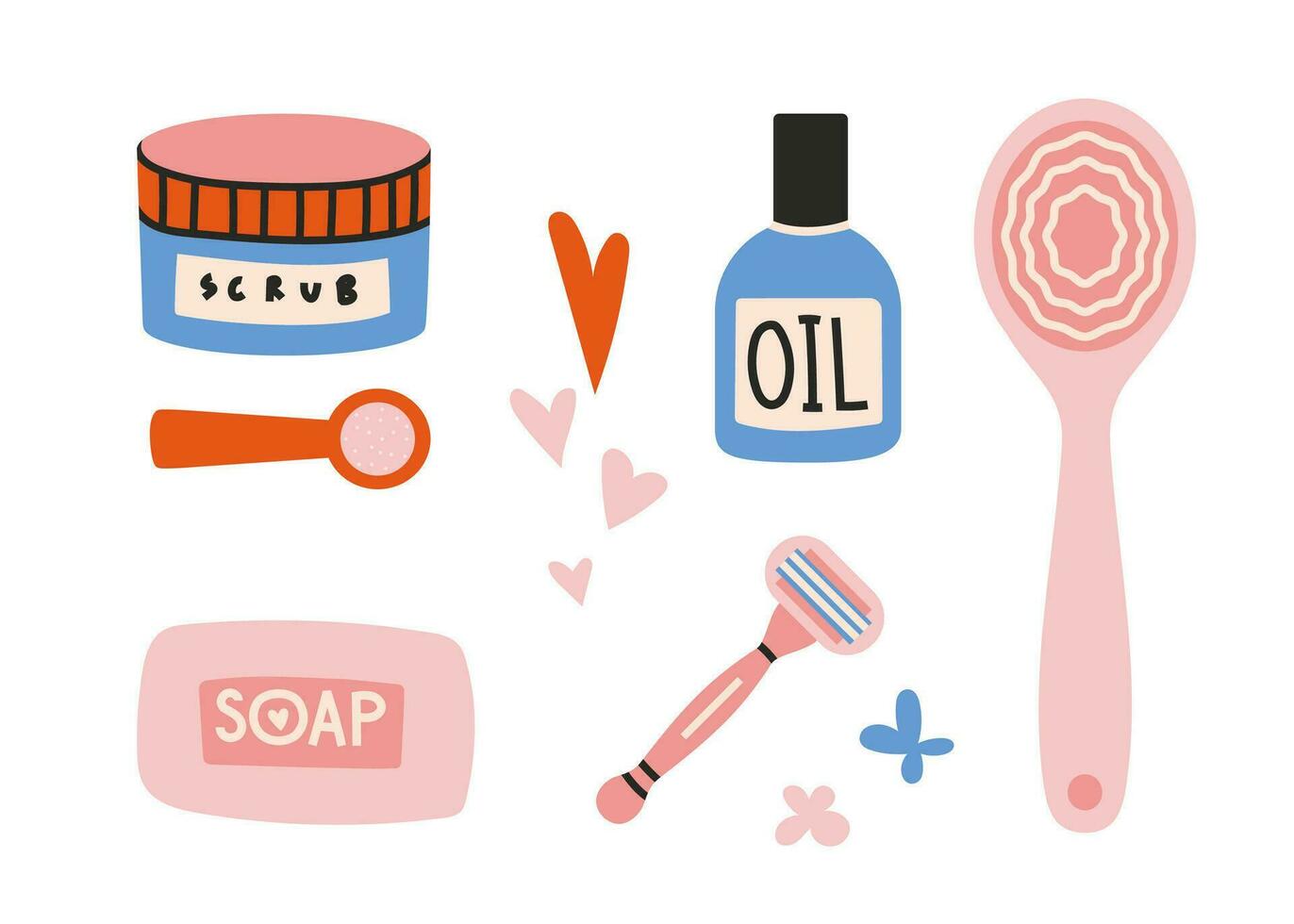 produits de beauté et outils pour corps se soucier, dessin animé style. personnel hygiène ensemble de salle de bains équipement vecteur