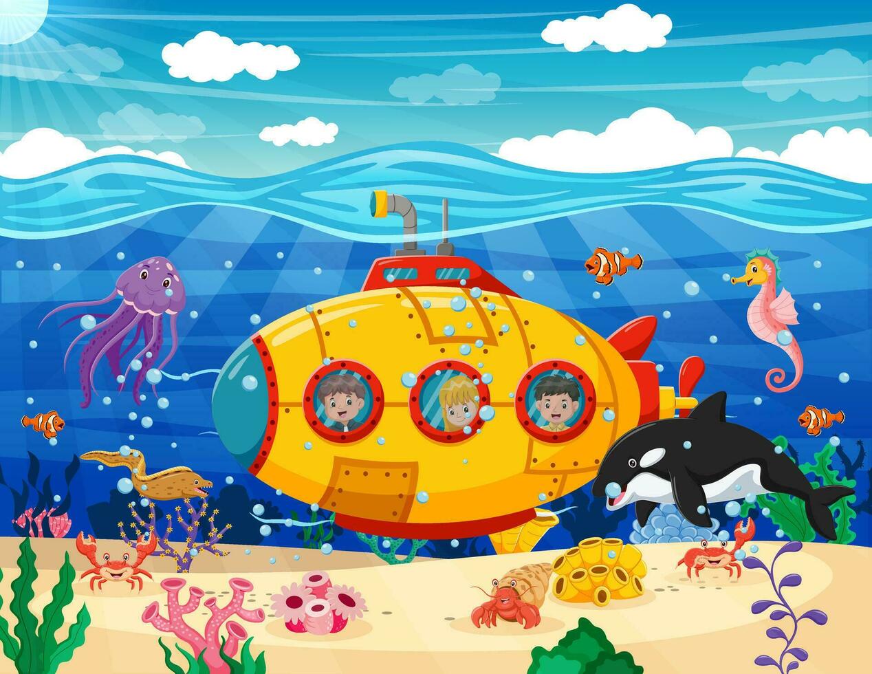 dessin animé sous-marin en dessous de le mer. petit curieux les enfants sur bathyscaphe explorer sous-marin monde. vecteur illustration