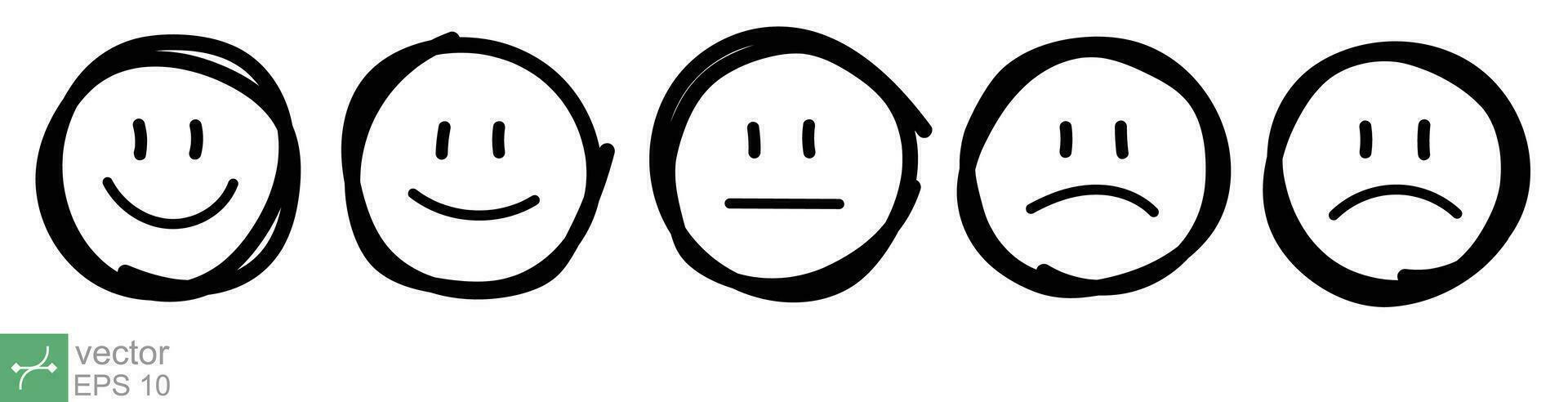 ensemble de cinq main tiré contour visages différent humeurs. retour d'information émoticône icône, bien notation, mal notation, négatif, positif, neutre signe. vecteur illustration isolé sur blanc Contexte. eps dix.