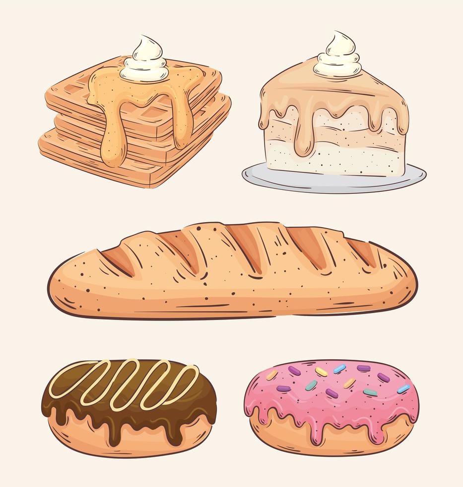 lot de cinq icônes de boulangerie vecteur